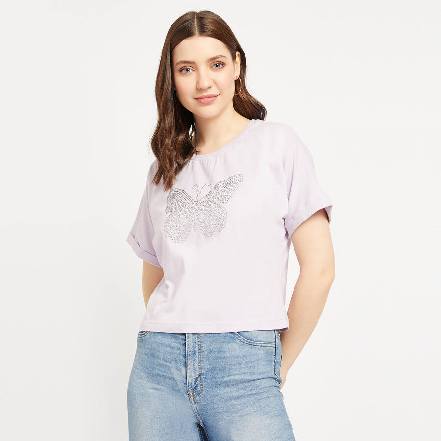 Cotton Round Neck T-Shirt, लाइलेक, large image number null