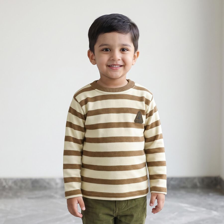 Boys' Brown Crew Neck Striped Pullover, Brown, large