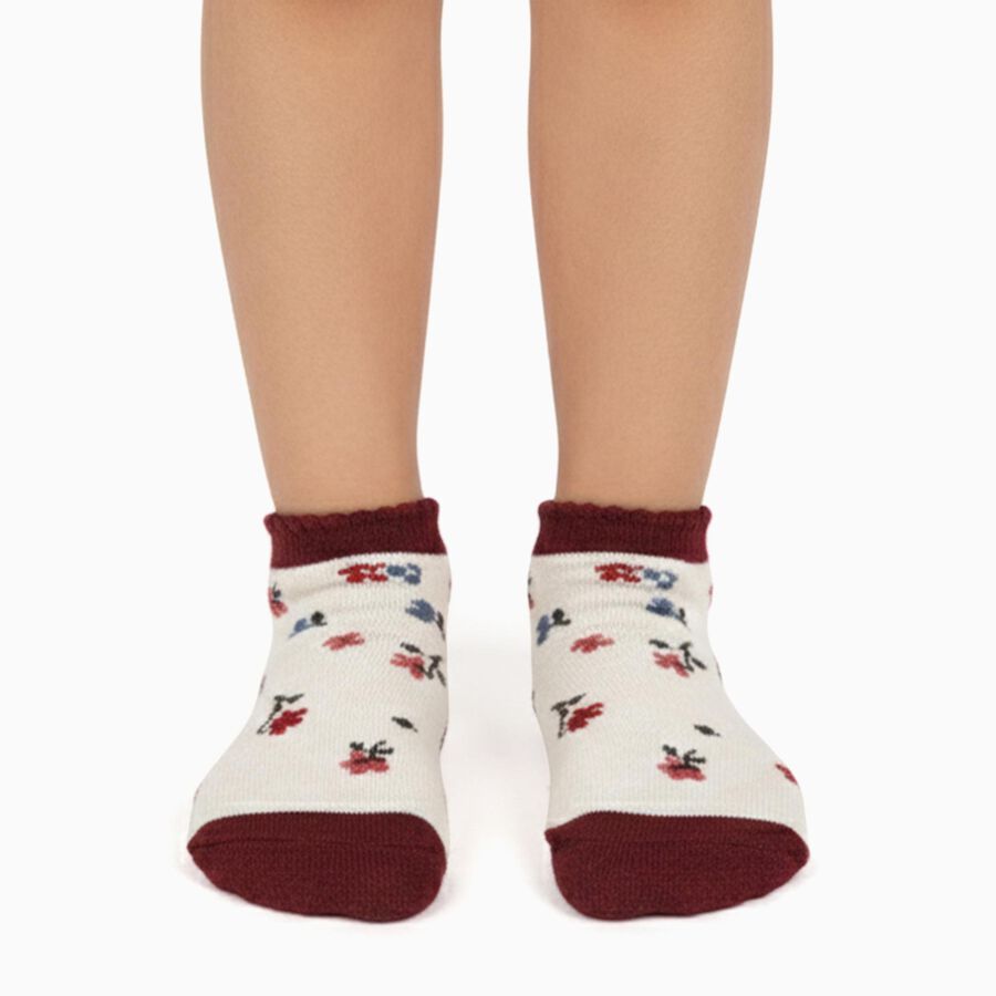 Girls' Deep Burgundy and Cream Ankle Length Striped and Floral Socks Pack of 2, मरून, large