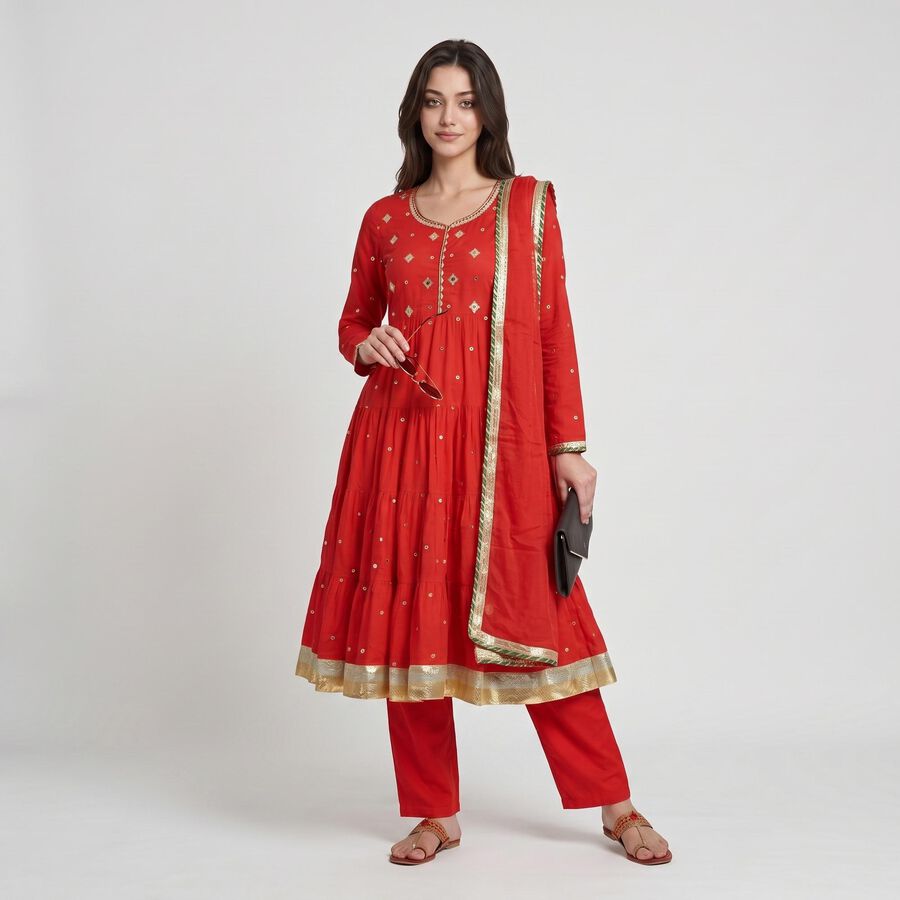 Women's Red Cotton Round Neck Embroidered Anarkali Kurta, Red, large