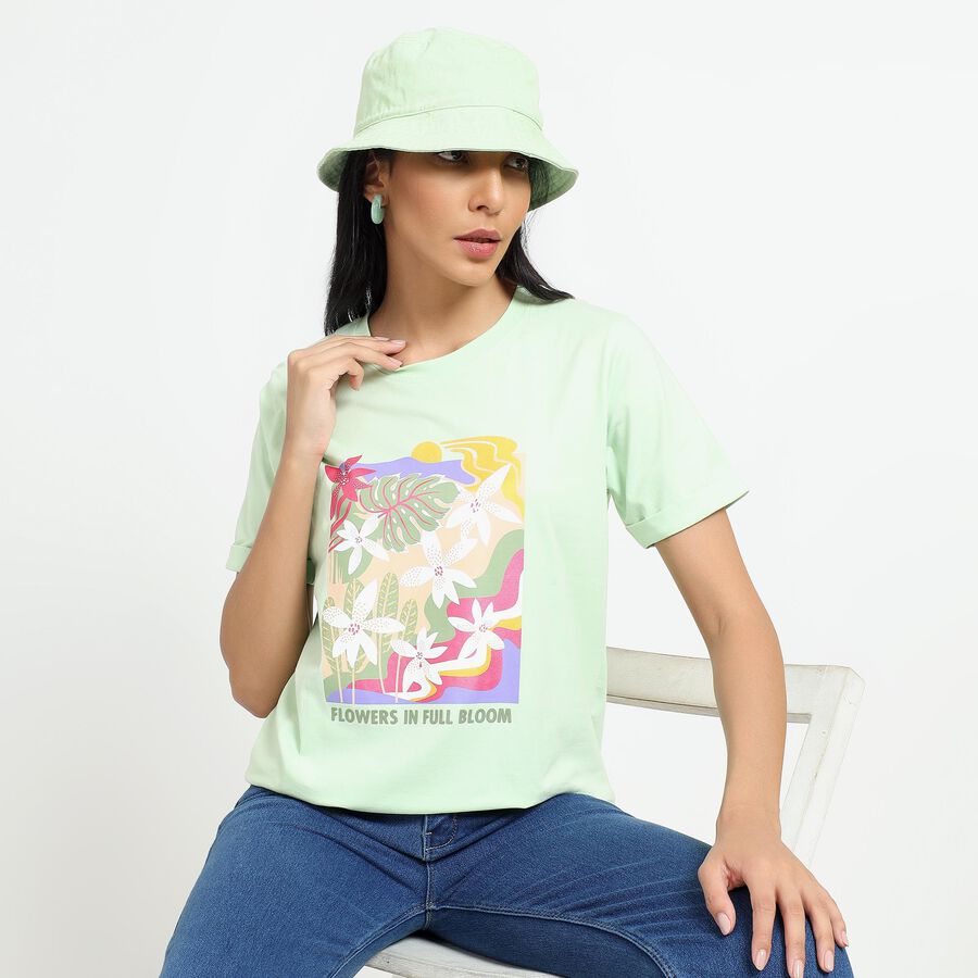Ladies' Light Mint Green Cotton Round Neck Floral Printed T-Shirt, Light Green, large image number null