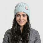 Women's Mint Green Floral Applique Beanie Cap, हल्का हरा, small