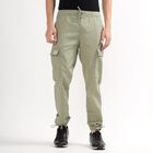 Men's Muted Olive Green Slim Fit Cargo Trousers, Light Green, small image number null