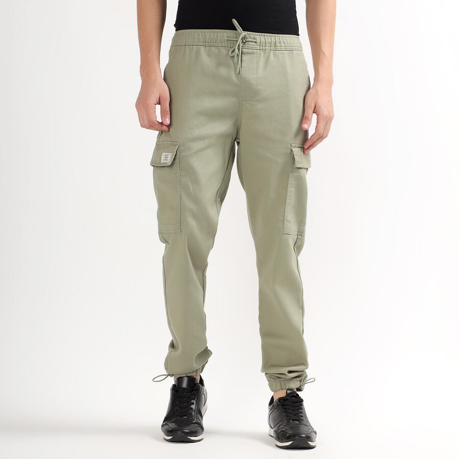 Men's Muted Olive Green Slim Fit Cargo Trousers, Light Green, large image number null