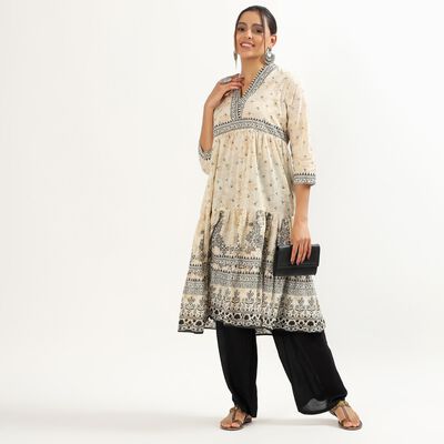 Women's Muted Beige Cotton V-Neck Floral Printed Kurta