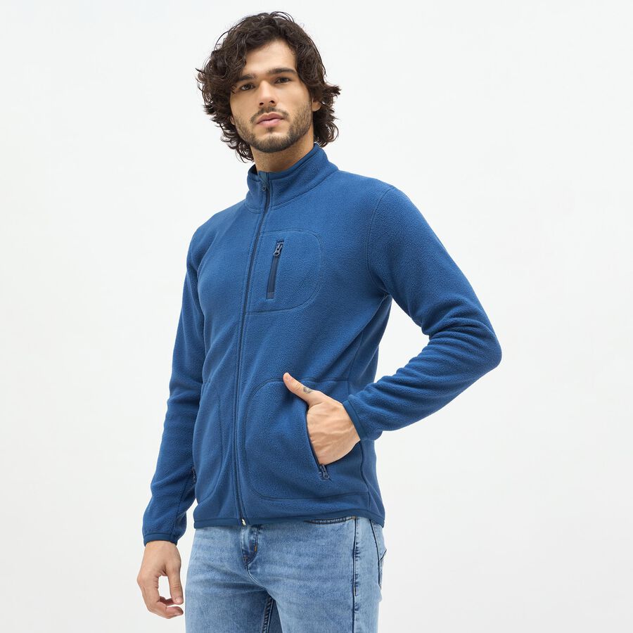 Men's Deep Steel Blue High Neck Full Zip Sweatshirt, Teal Blue, large image number null