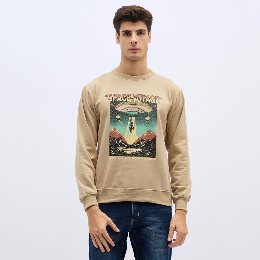 Men's Muted Beige Crew Neck Graphic Sweatshirt, गहरा पीला, large image number null