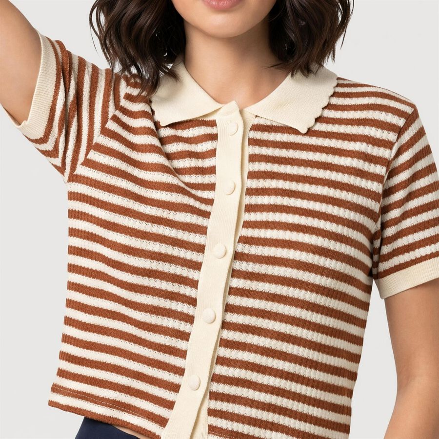 Women's Brown Cotton Polo Neck Crop Top, Brown, large