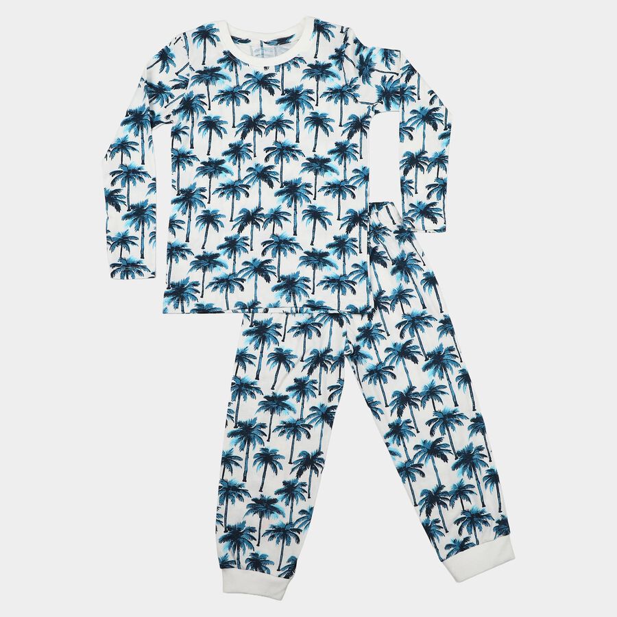 Boys White 100% Cotton Round Neck Palm Print Baba Suit, White, large