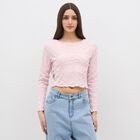 Women's Light Pink Round Neck Casual Crop Top, Light Pink, small
