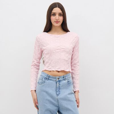 Women's Light Pink Round Neck Casual Crop Top