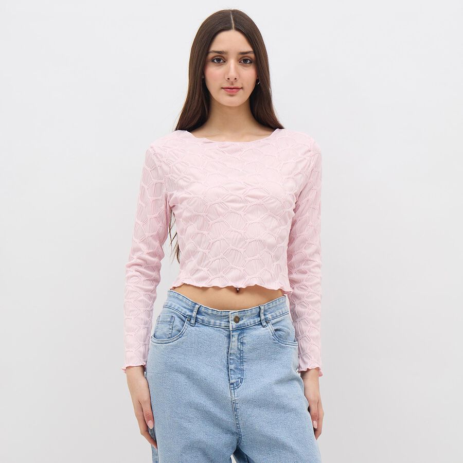 Women's Light Pink Round Neck Casual Crop Top, Light Pink, large