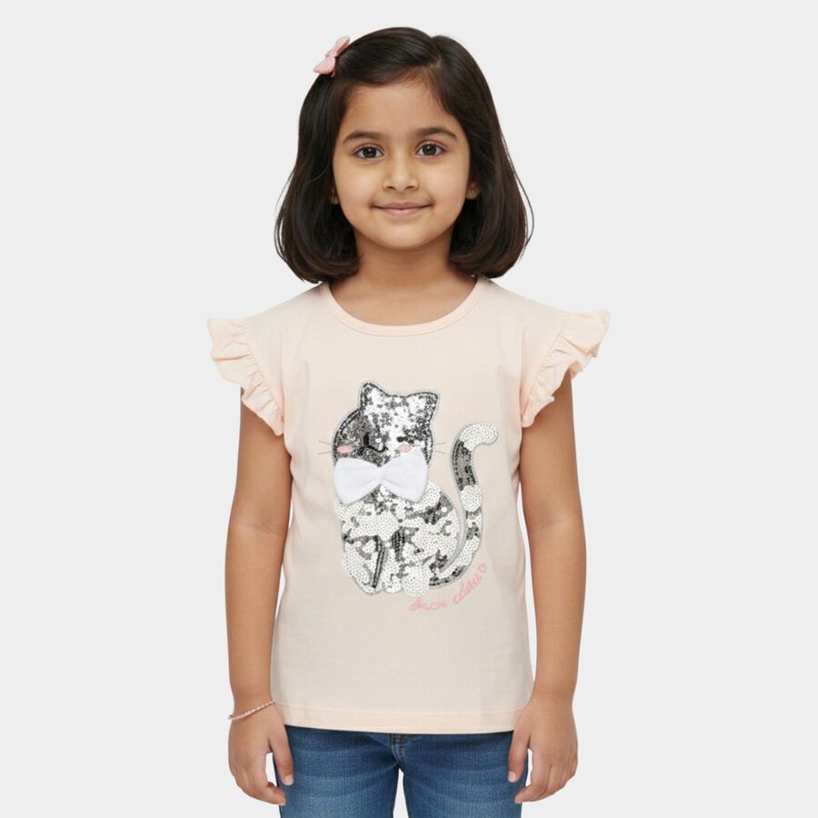 Girls' Pink Cotton Round Neck Sequin Cat Graphic Ruffle Sleeve T-Shirt, हल्का गुलाबी, large