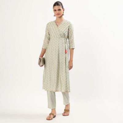 Women's Light Sage Green Floral Embroidered Ethnic Set