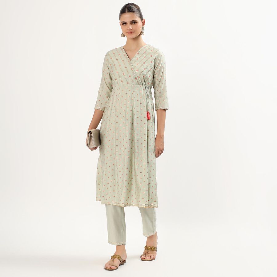 Women's Light Sage Green Floral Embroidered Ethnic Set, Light Green, large image number null