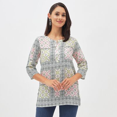 Women's Ivory Round Neck Printed Kurti