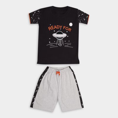 Boys' Charcoal Grey Cotton Round Neck Printed Baba Suit