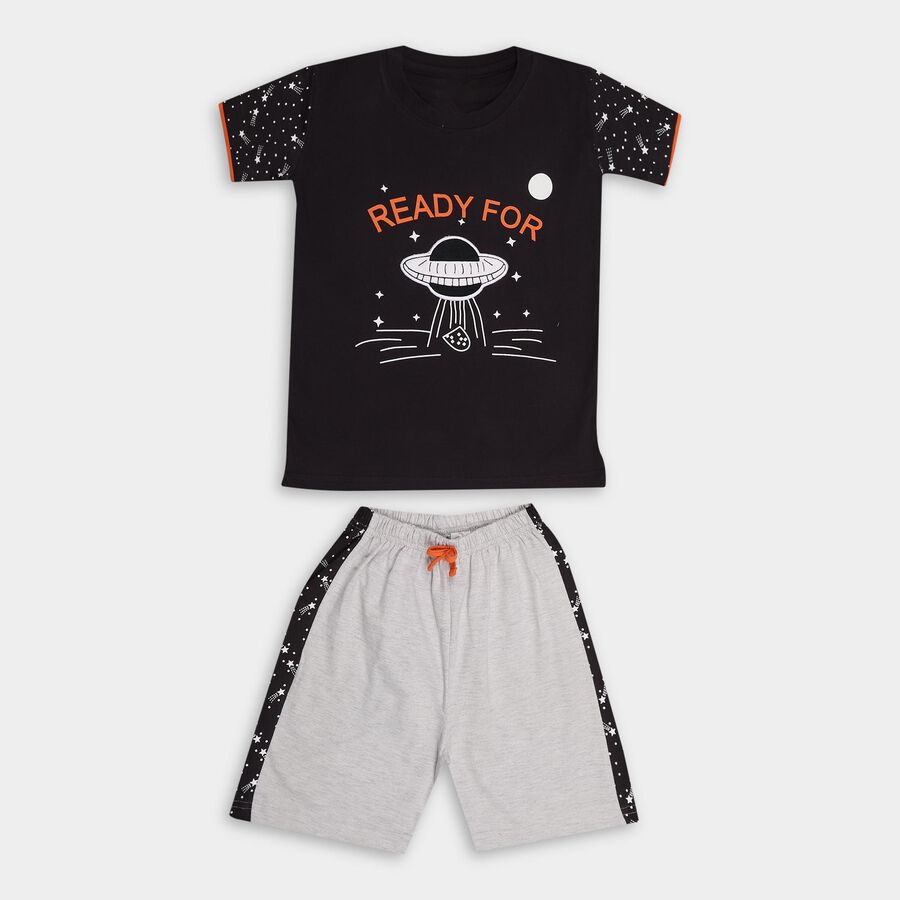 Boys' Charcoal Grey Cotton Round Neck Printed Baba Suit, Charcoal, large image number null