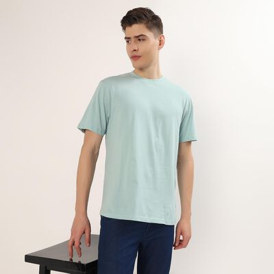 Men's Teal Cotton Round Neck Minimalist T-Shirt