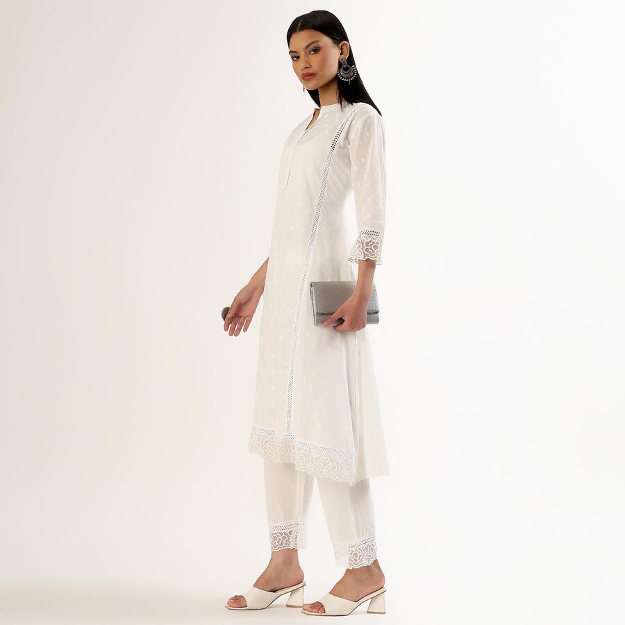 Women's White Cotton Notch Neck Self Design Kurta, Off White, large