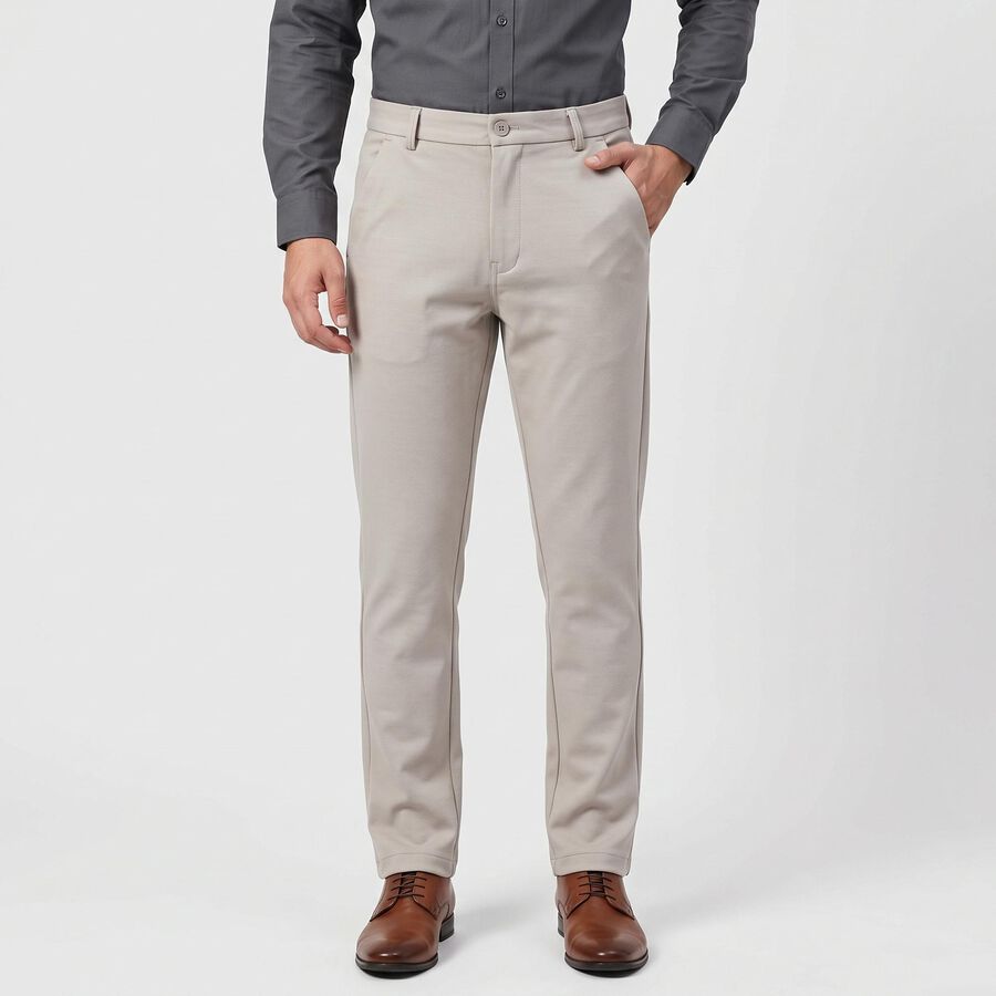 Men's Silver Slim Fit Flat-Front Casual Trousers, Silver, large