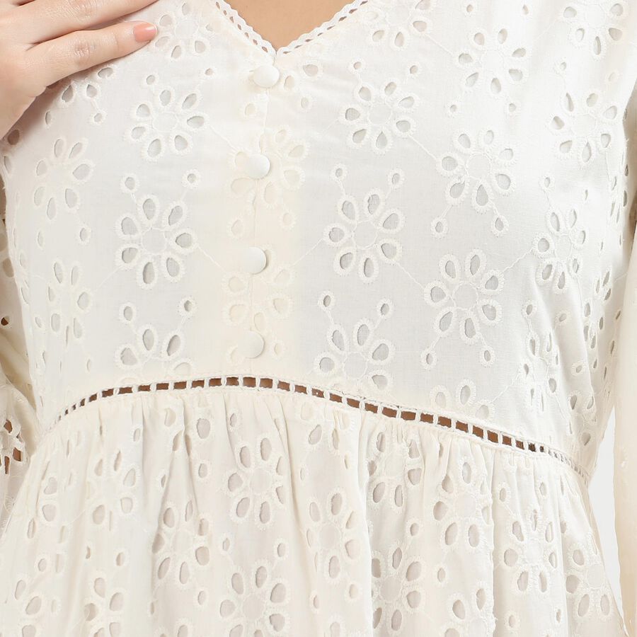Ladies' Soft Ivory White Cotton V-Neck Empire Dress, ऑफ व्हाइट, large image number null
