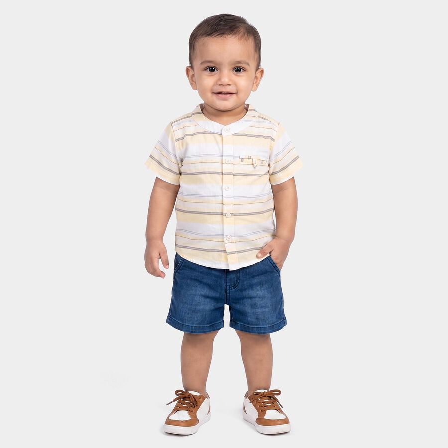 Infants' Yellow Cotton Short Sleeves Mandarin Collar Striped Shirt, Yellow, large