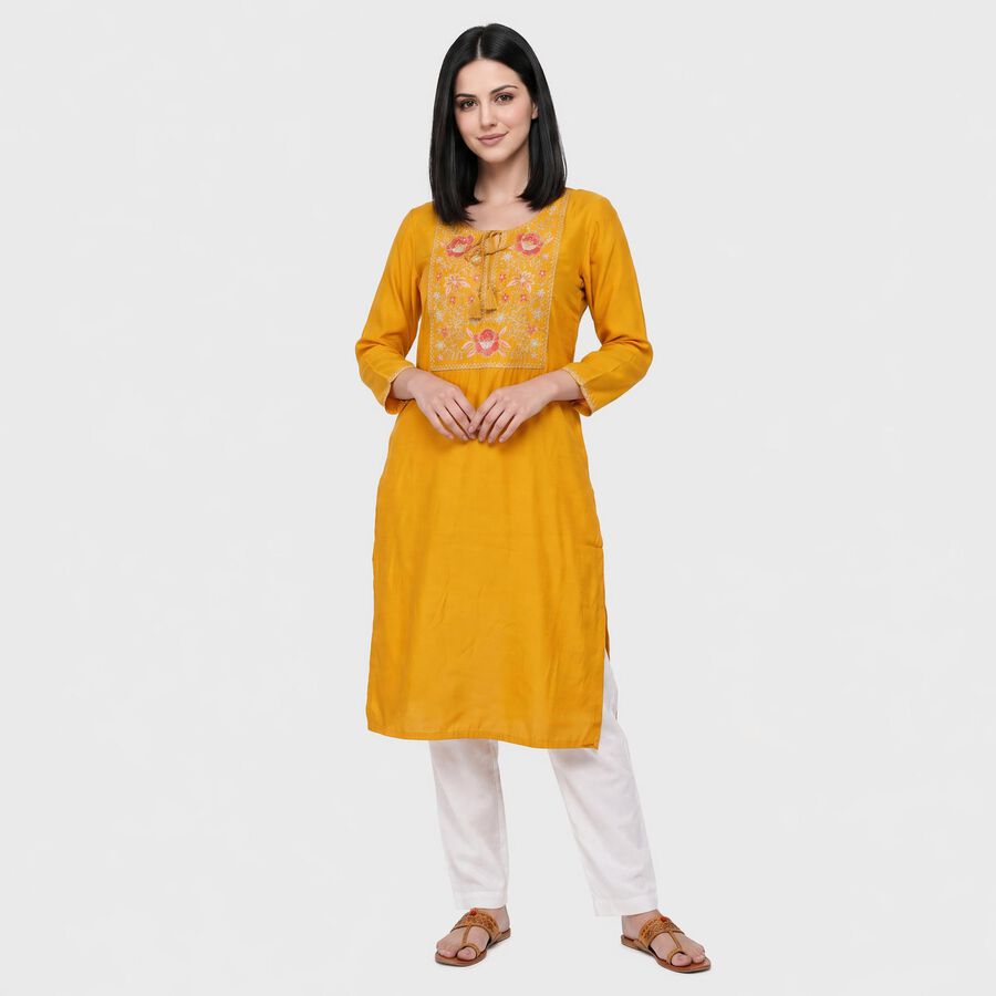 Women's Yellow Round Neck Embroidered Kurta, Yellow, large