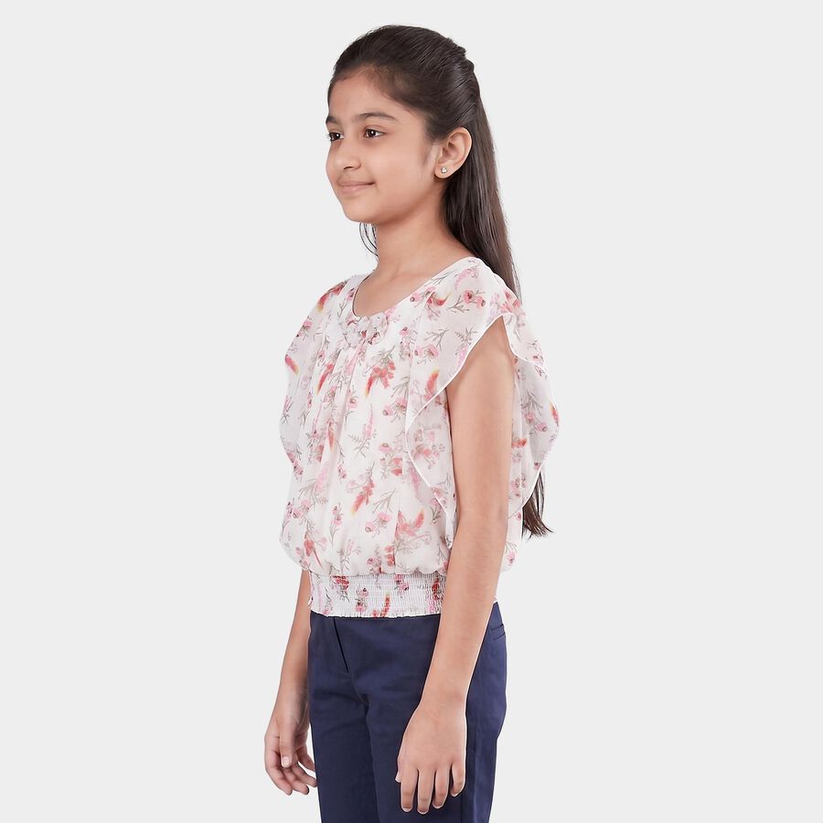 Girls White Round Neck Floral Printed T-Shirt, White, large