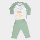 Infants' Olive Cotton Round Neck Dinosaur Printed Baba Suit, Olive, small image number null