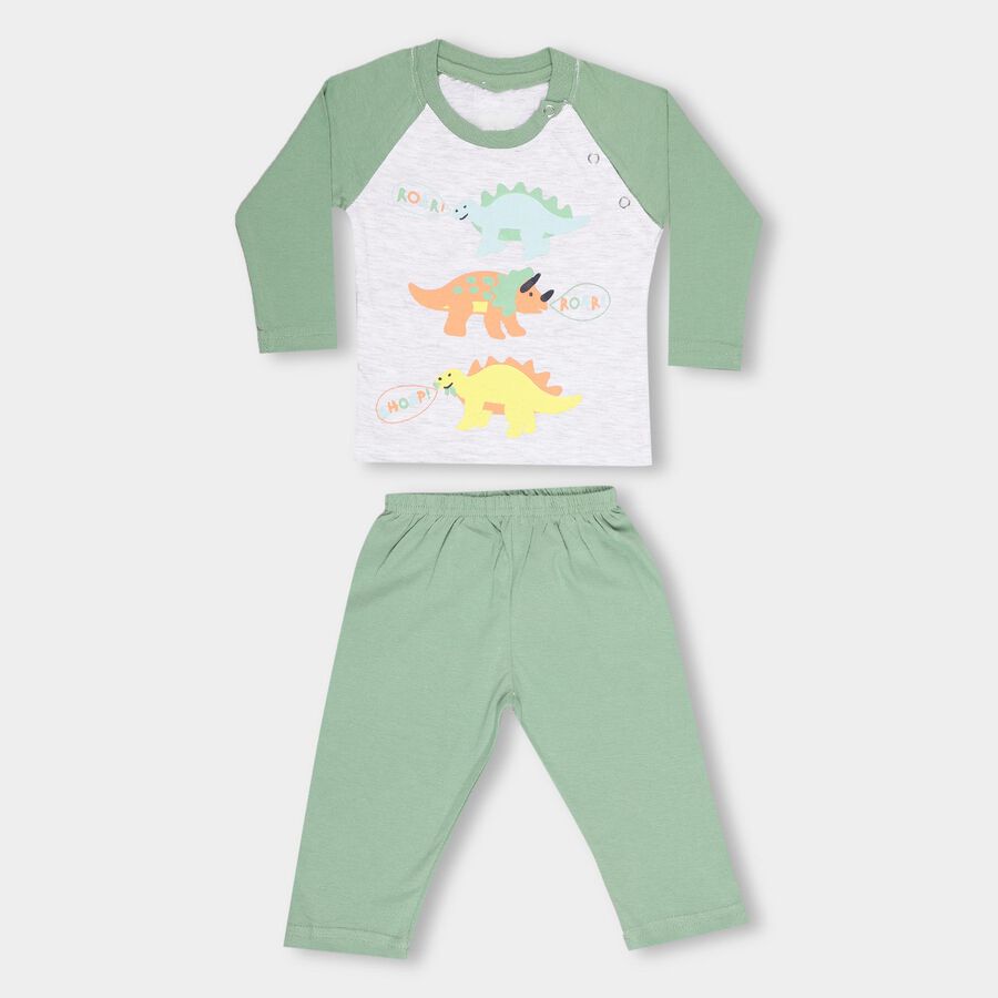 Infants' Olive Cotton Round Neck Dinosaur Printed Baba Suit, Olive, large image number null