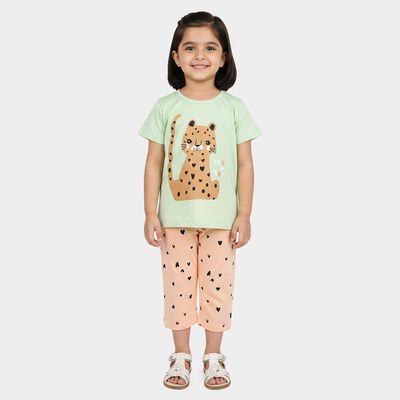 Girls Mint Green Round Neck T-Shirt Set Upper and Bottom Set