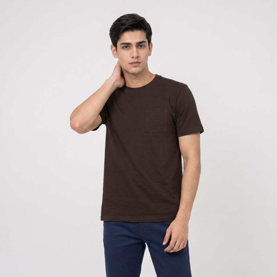 Men's Brown Cotton Round Neck Regular T-Shirt, भूरा, large
