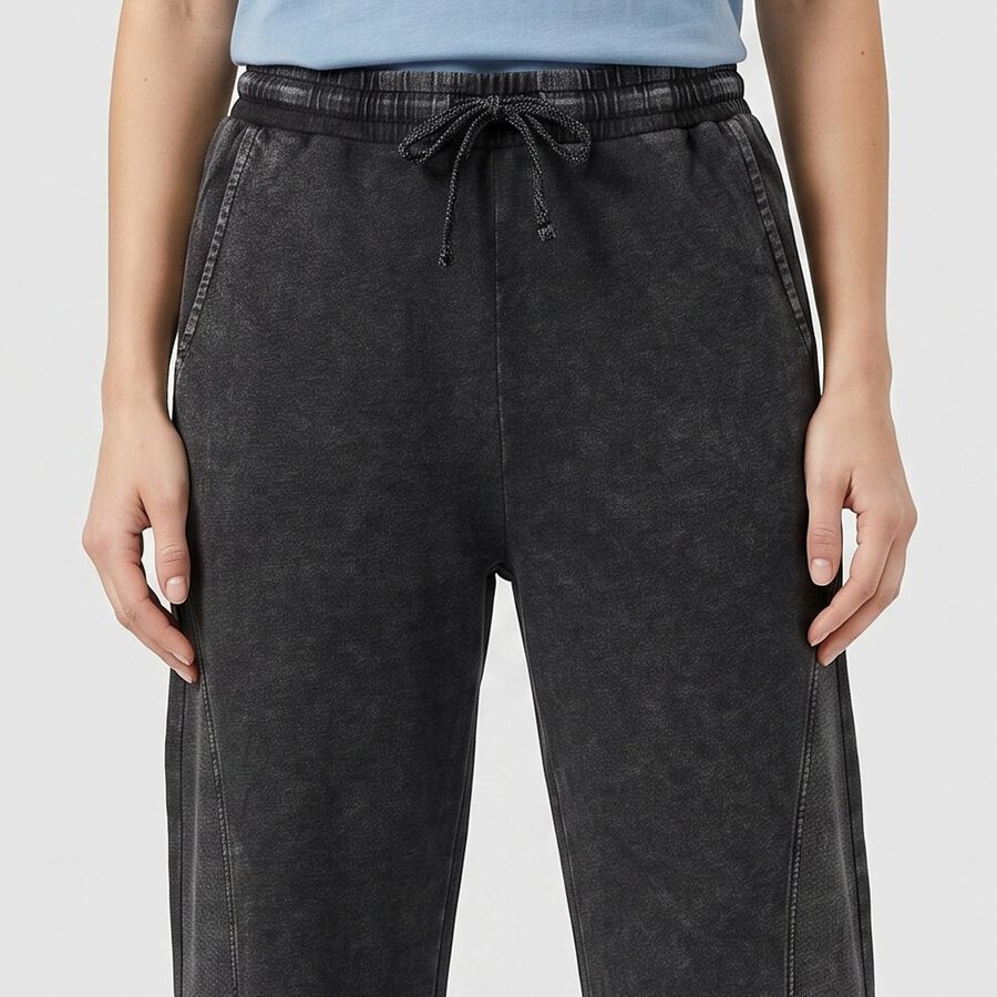 Women's Black Wide Leg Washed Track Pants, Black, large