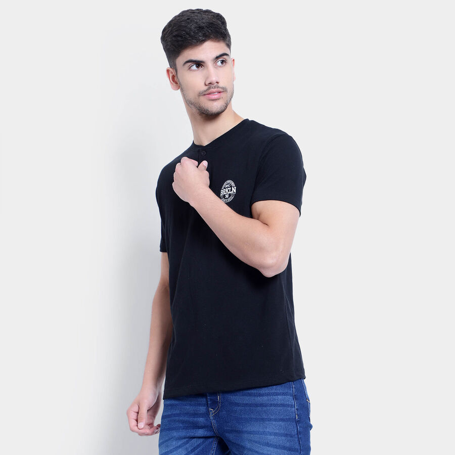 Cotton Solid Henley T-Shirt, Black, large image number null