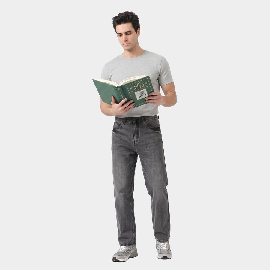 Men's Grey Straight Fit Washed Jeans, हल्का ग्रे, large