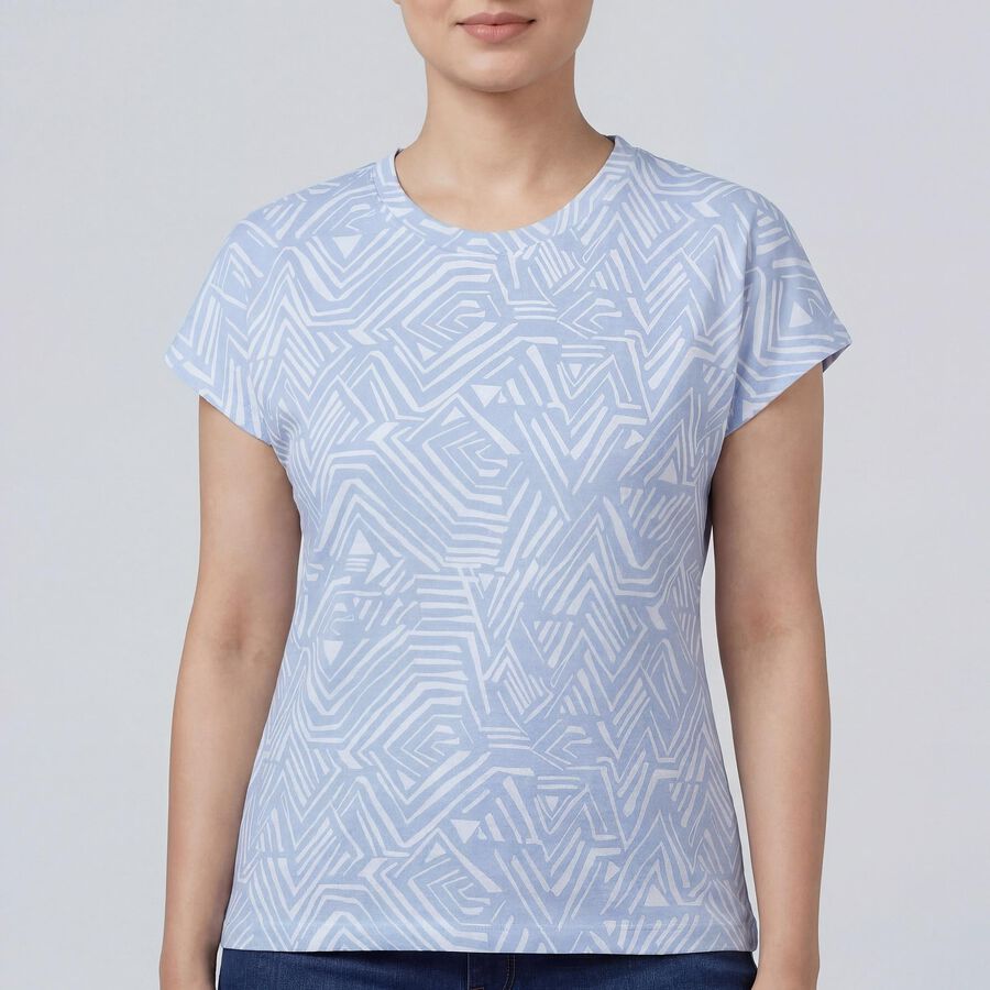 Women's Blue Round Neck Casual T-Shirt, हल्का नीला, large