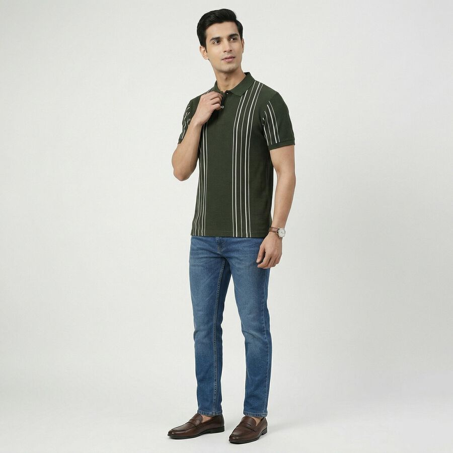 Men's Olive Green Collared Neck Casual T-Shirt, Olive, large