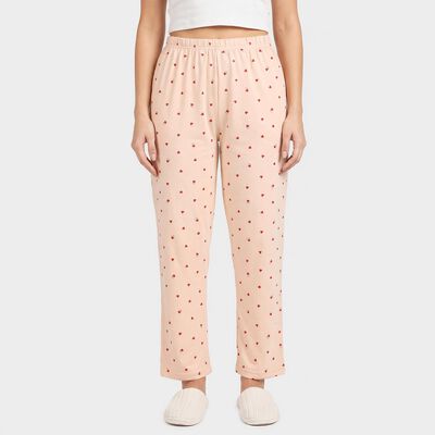 Women's Beige Straight Fit Heart Printed Pyjama
