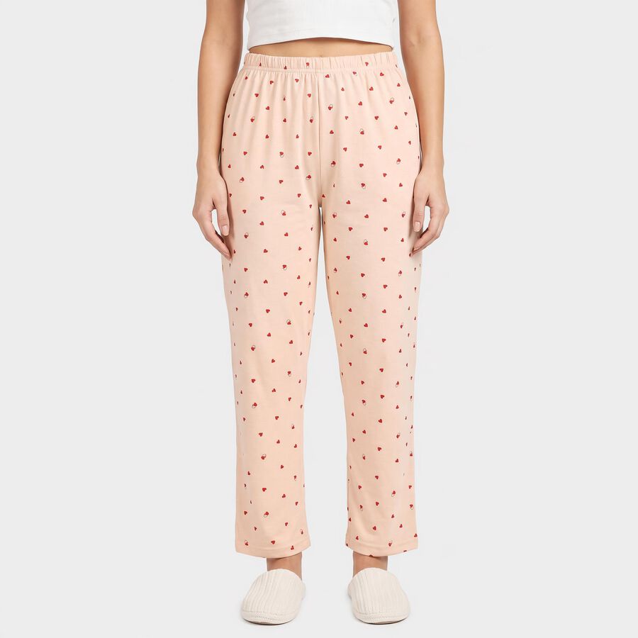 Women's Beige Straight Fit Heart Printed Pyjama, गहरा पीला, large
