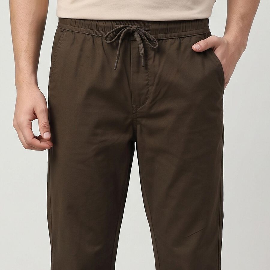 Men's Olive Green Slim Fit Drawstring Chino Trousers, ओलिव, large