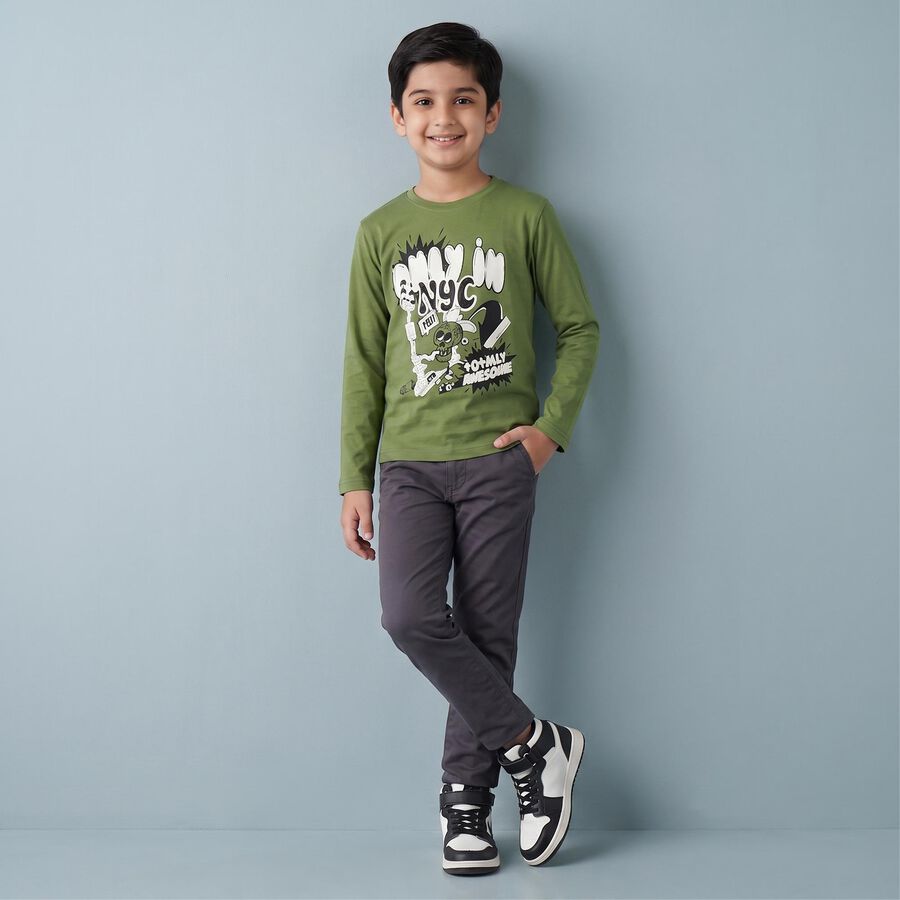 Boys Olive Green Cotton Blend Crew Neck Regular T-Shirt, ओलिव, large