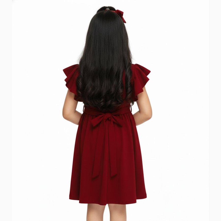 Girls Rich Maroon Bow Detail Ruffle Sleeve Dress, Maroon, large image number null