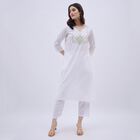 Women's White Cotton V-Neck Embroidered Kurta, ऑफ व्हाइट, small image number null