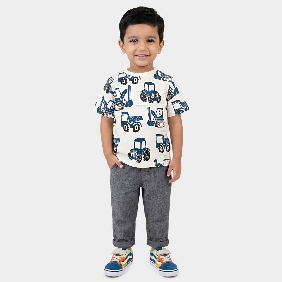 Boys' White Cotton Round Neck Printed T-Shirt, ऑफ व्हाइट, large