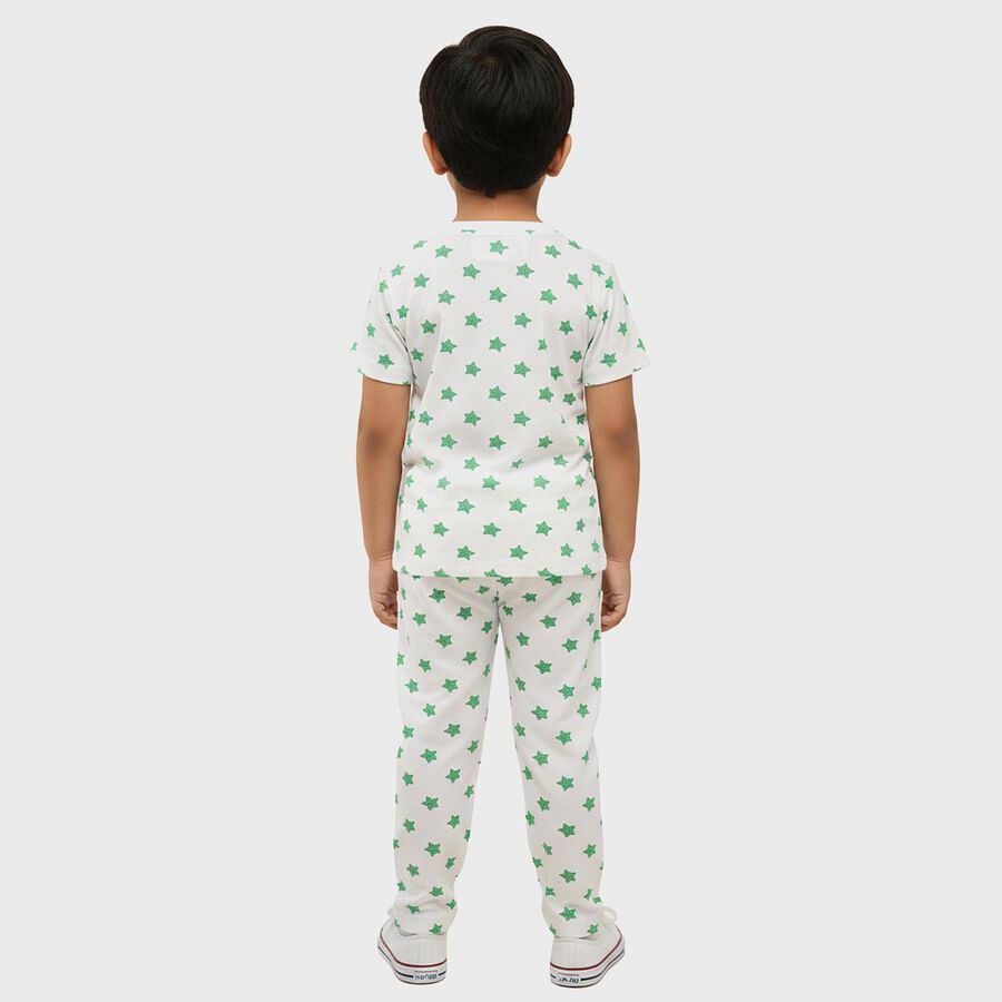 Boys White Cotton Round Neck Star Printed Night Suit, सफ़ेद, large