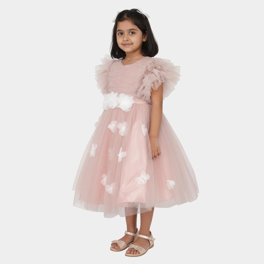 Girls' Soft Pink Layered Floral Party Frock, Pink, large image number null