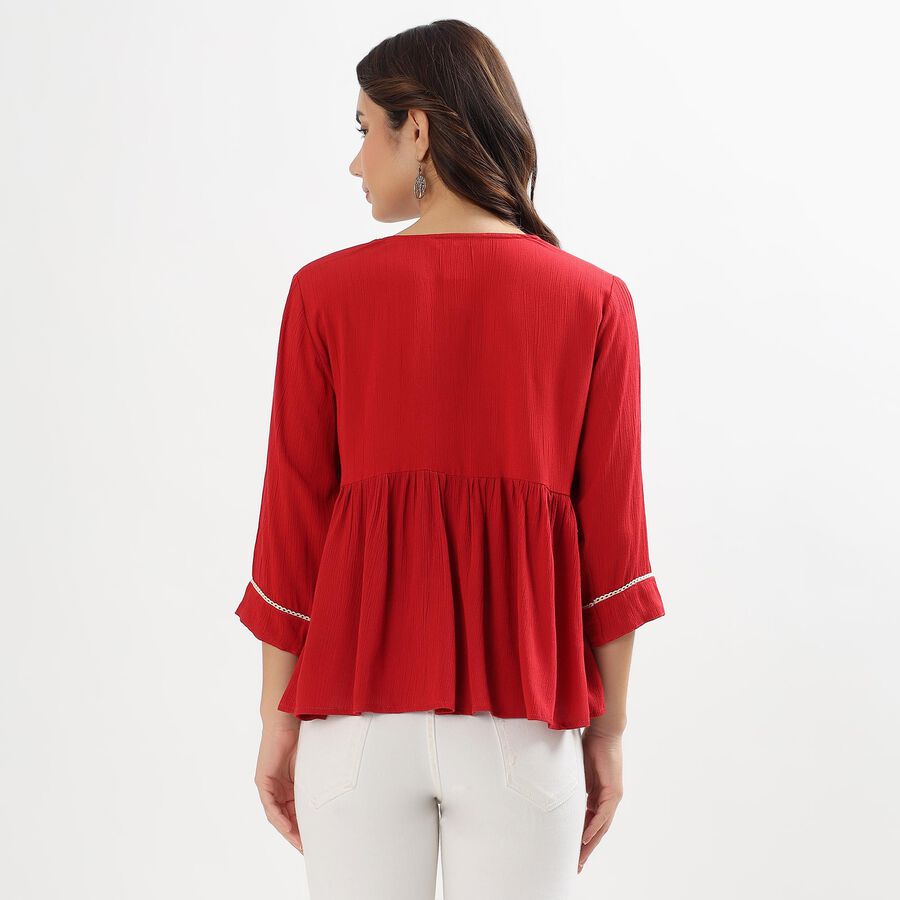 Ladies' Rich Crimson Red V-Neck Pleated Printed Kurti, Maroon, large image number null