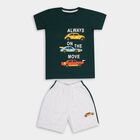 Boys' Dark Green Cotton Round Neck Printed Baba Suit, Dark Green, small image number null