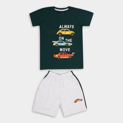 Boys' Dark Green Cotton Round Neck Printed Baba Suit